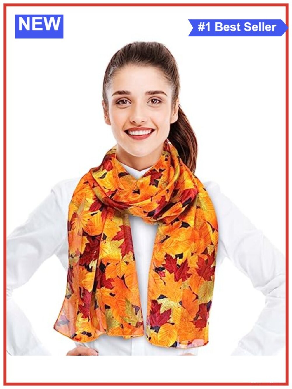 Silky Feel Fall Leaves Pattern Scarf 13x60 Lightweight Fashion Wrap